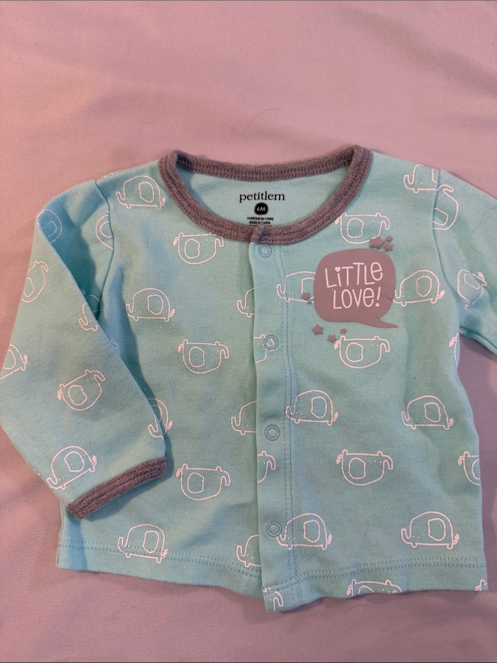 Petit Lem - Light Blue Elephant Print Baby Top with Grey Accent